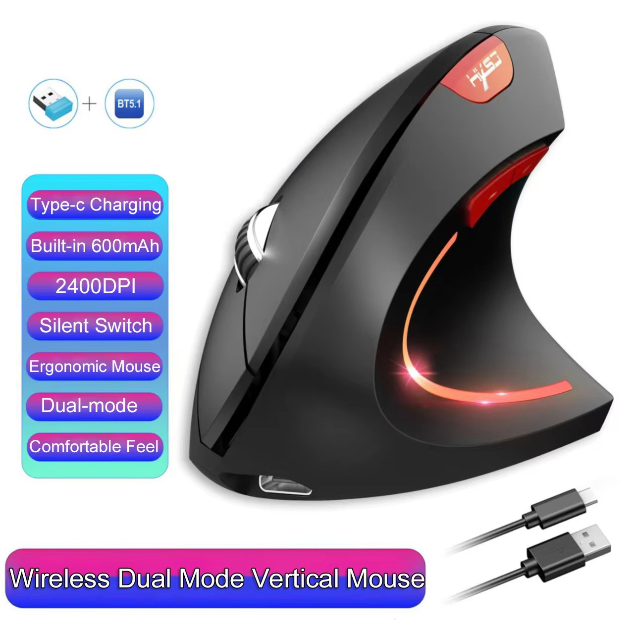 Ergonomic Mouse Vertical - Dual Mode Wireless Vertical Mouse 600mAh